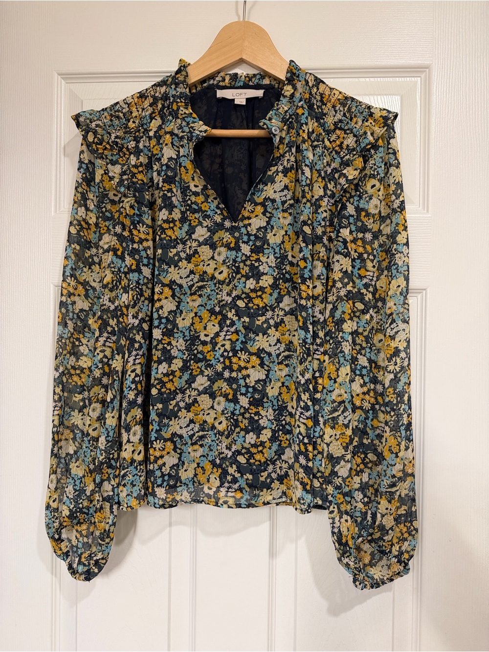 LOFT Floral Ruffle-Trim Long Sleeve Blouse - Navy, Yellow & Light Blue